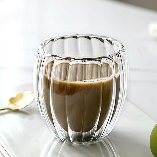Verres à latte Macchiato - Verres à café glacés transparents à double paroi - Verre ondulé - Verre à cappuccino nervuré - Double paroi - Pour café, jus, lait et thé à bulles (250 ml)