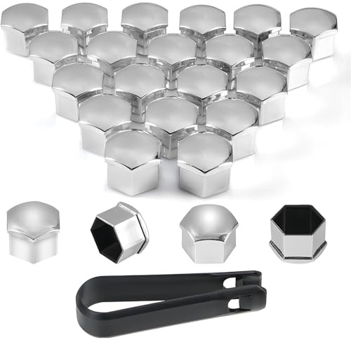 PAITOK Cache-écrous de Roue, Ensemble de 20 Couvre-écrous de Roues universels en Plastique chromé avec Outil de démontage pour Voitures (Argent, 21mm)