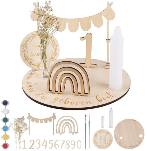TOATELU 1 Satz Geburtstagsteller aus Holz, Personalisierter Geburtstagskranz, mit Zahlen 0-9, Kerzenhalter, Regenbögen, Getrocknete Blumen, Geburtstagsdeko für Kinder Geschenk(Deutsch)