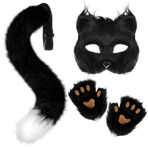 XEPST Furry Fox Wolf Cosplay Set with Mask Tail Paw Gloves, Animal Cosplay Costume Kit for Anime Fancy Dress Accessories Halloween Christmas Dress Up Carnival Role Play Party Supplies, Black