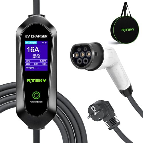 RTSKY 3.5kW Mobile Wallbox Ladekabel 8-16A Auf Typ 2 Ladekabel Elektroauto Typ 2 Schuko 1-phasig, 16A EV Chargers mit Digitalanzeige für Elektroauto, EV Ladegerät,5m