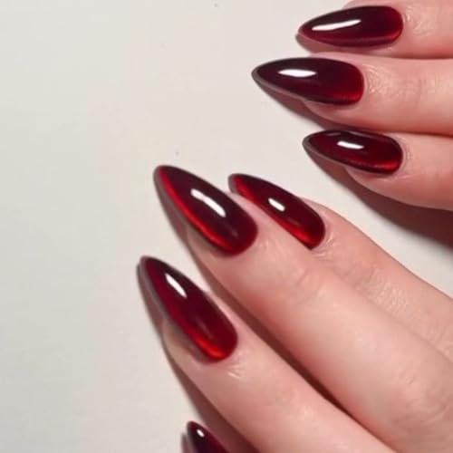 Red False Nails - 30pcs Cat Eye Design Burgundy Stick on Nails - Medium Length Red Press on Nails in 12 Sizes - Almond Fake nails with Glue - Stiletto French Tip False nail