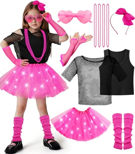 vamei 80er 90er Costume Enfants Filles Jupe Tutu à LED Rose Manches Courtes en Maille Boucles d'oreilles Collier Jambières Gants Résille Déguisement de Fête pour Filles (M)