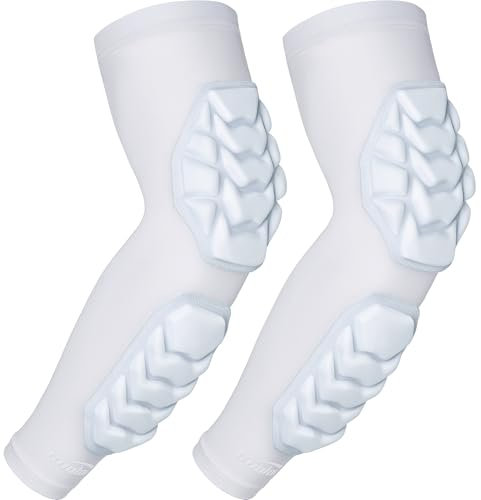 COOLOMG Arm Warmers Elbow Pad Compression Basketball Football Handball Volleyball Crashproof for Women Men Boys 1 Pair Reusable, White, M