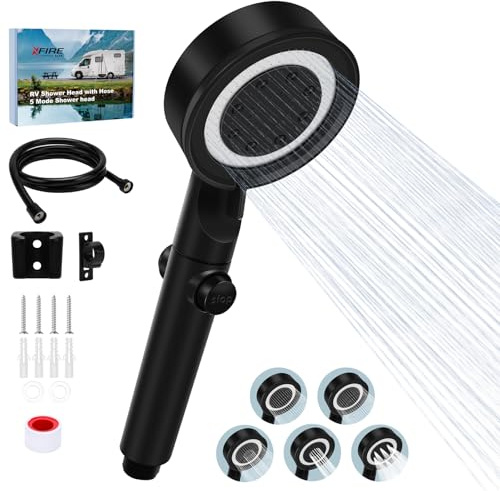 RV Shower Head with Hose, 5+1 Mode High Pressure Replacement with On/Off Switch, Water Saving Motorhome Shower Head for RV/Campervan, Caravan(Black)