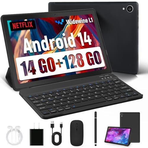 Yicty Tablette Android 14 avec Wi-FI 6 Octa-Core 14 GO RAM+128 GO ROM (Extensible Jusqu'à 1 to) Tablette Tactile avec Widevine L1 5000mAh 5MP+8MP Tablette 10 Pouces avec Clavier+Souris et Cas (Noir)