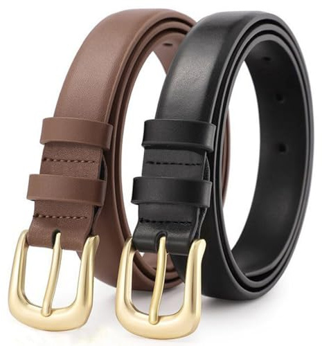 LUFFLOK 2 Pezzi Cinture in Pelle PU, Cintura Marrone Nera Firmata per Donne e Uomini, Cintura in Pelle Regolabile, Cintura Sottile in Pelle per Vita, Accessori da Donna Skinny per Jeans e Pantaloni