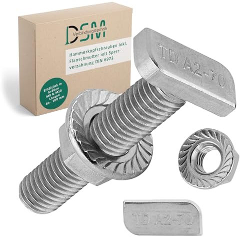 DSM – Tornillos de cabeza de martillo con tuerca de brida M8 x 35 mm – Tipo 28/15 – Acero inoxidable A2 – Tuerca de bloqueo DIN 6923 – Kit de montaje para perfiles de aluminio, paneles solares