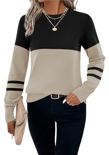 HOTOUCH Autumn Jumpers for Women Elegant Crew Neck Knitwear Colour Block Sweater Winter Long Sleeve Jumpers Regular Fit Knit Sweatshirts Color Block M