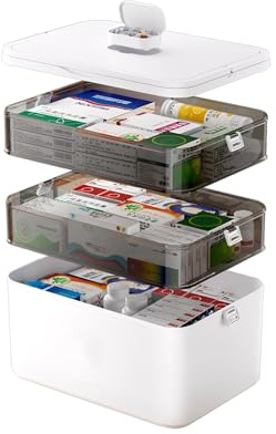 Junrvivy Contenitore per medicinali a 3 ripiani, contenitore per medicinali, contenitore con coperchio, scatola di emergenza per famiglie, scatola medica con manico portatile, 31 × 16,5 × 25,5 cm