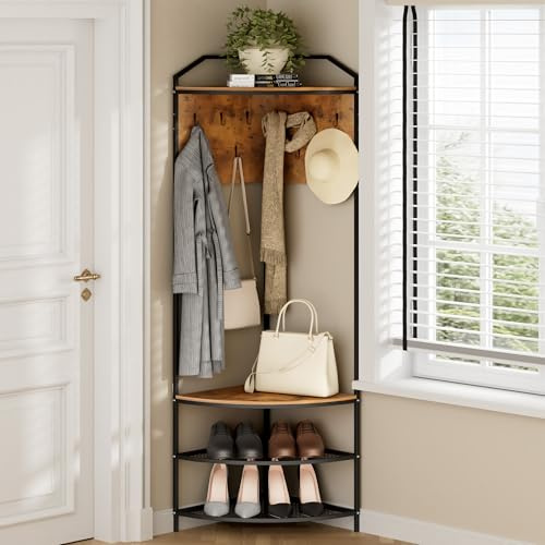 Garderobenständer Ecke,Metall Eckgarderobe,Freistehender Kleiderständer mit 4 Ebenen 10 Haken,Schuhregal mit Sitzfläche,für Kleidung Hut Tasche,Flur Eingang Wohnzimmer Schlafzimmer Büro (Vintagebraun)
