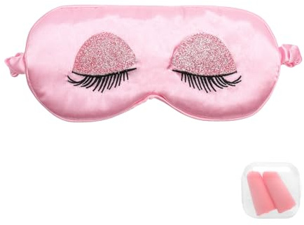 KQDRAVINE Sovmask, 1 styck ögonbindel och 1 par öronproppar, mörkläggning ögonmask med gummiband för kvinnor och män, resor och användning hemma (rosa)
