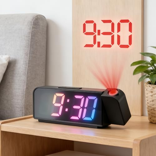 Probuk Reloj Despertador de Proyección Digital 180°, Pantalla LED Grande con Temperatura, 4 Niveles de Brillo, Alimentación por USB, para Dormitorio, Oficina, Niños y Ancianos（Negro）