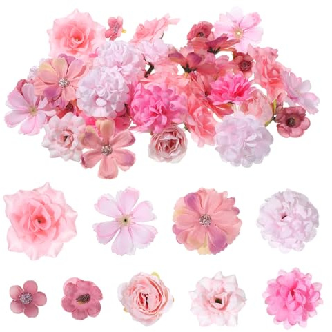 Hadnves 50 stycken konstgjorda blommor för hantverk, konstgjorda blommor, dekoration, rosa, konstgjorda blomhuvuden, mini, sidenblommor, falska blomsterdekorationer för DIY hantverk, bröllop