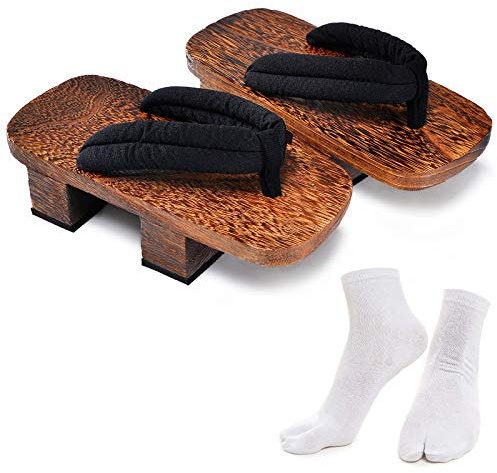 Azumasun Japanese Wooden Clogs with Tabi Socks For Men Women, Brown&black, 10-11