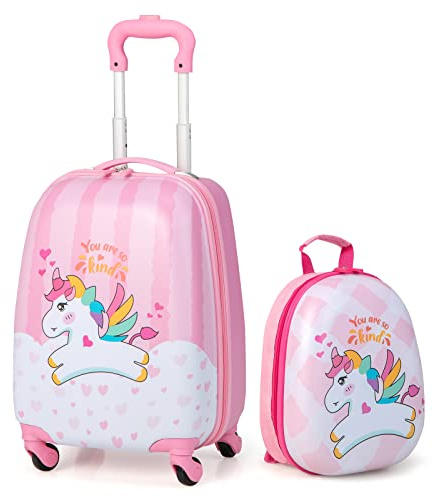 DREAMADE Valise Enfant 16 et Sac à Dos 12, Bagage à Main Rosé pour Enfants Filles, Cabine Enfant avec Motif Licorne, Valise Enfant Roulette avec 4 Roues Pivotante à 360°en Dessin(Licorne)