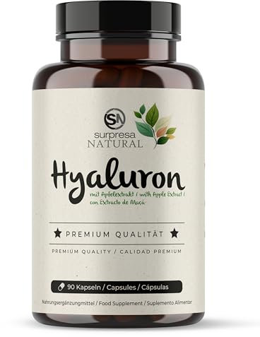 Surpresa Natural Hyaluronsäure Kapseln hochdosiert I 1x 90 Kapseln mit Apfel Extrakt I 500 mg Hyaluronsäure mit 500-700 kD pro Kapsel | vegan & laborgeprüft