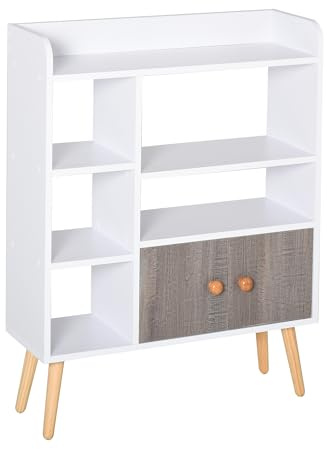 HOMCOM Bookcase, Freestanding Book Shelf with Storage Cabinet, 6 Shelves and Wood Legs for Home Office Display, White and Grey, 24D x 71.8W x 90.8H cm