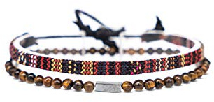 Made by Nami 2-Pack Surfararmband för Dam & Herr – 100% Vattentåliga & Handgjorda – Bohemiskt Tygarmband med Pärlor – Sommar Smycken (Brun & Tigeröga)