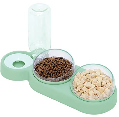 Ciotola Rialzata 3 in 1 per Gatti Con Dispenser d'Acqua Automatico, 15° Inclinata, Previene il Trabocco, Adatta a Gatti e Cuccioli (Verde)