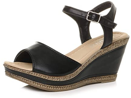 AJVANI Kvinnor damer hög kilklack plattformsspänne sommar peeptoe sandaler storlek, Svart, 39 EU