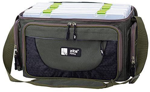 Zite Fishing Angeltasche mit Boxen [4 Köder-Boxen inkl] Umhängetasche als Angelkoffer-Rucksack Alternative, Angeltaschen/Angel Tasche, Fishing Bag, Angler Tasche, Angeltasche groß, Angeln-Tasche