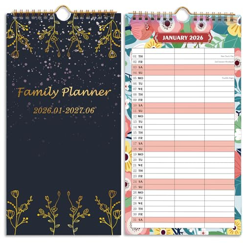 Tuloka Family Planner 2026 Wall Calendar with 3 Columns Family Calendar runs Jan. 2026 to Jun 2027 (18 Months), Couple Planner Monthly Calendar 2026 New Year Gift, Floral Pattern