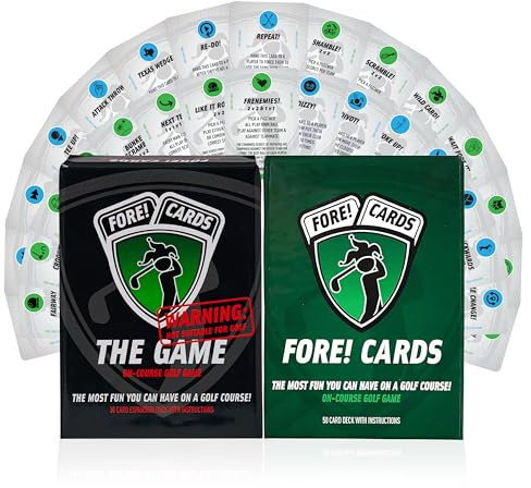 Fore! Cards Juego de cartas de golf en el campo y paquete de expansión, divertidos juegos de golf con formatos clásicos y locos para cuartetos, regalo de golf único para hombres, mujeres y grupos, 80