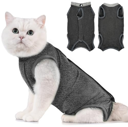 Avont Body Chat Post Opératoire Stérilisation, Combinaison de Récupération pour Chat Anti Léchage, Cat Recovery Suit après Chirurgie, Protection Post-Chirurgie, Contre Les Maladies de Peau -Gris(L)