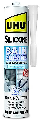 UHU Silicone - Mastic silicone sanitaire, idéal pour rendre étanches tous les joints sanitaires, transparent, cartouche 300g