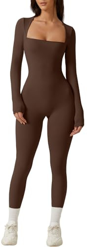 QINSEN Women's Long Sleeve Sexy Square Neck Jumpsuit Bodycon Stretch Fall Outfits Brown S