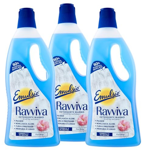 Emulsio Ravviva Marbre Nettoyant sols en céramique granit ardoise résine grès pierres naturelles formule à pH neutre à action protectrice parfum de fleurs roses longue durée – 3 flacons de 750 ml