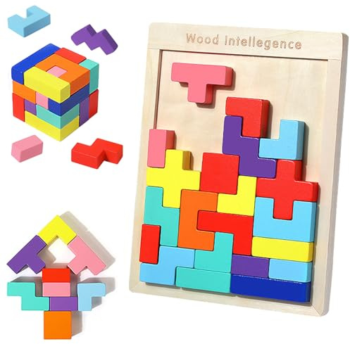 EACHHAHA Wooden Puzzle 30 Pcs Tangram Puzzles for Kids 3 Year Old Wooden Jigsaws Educational Toddler Puzzles for Girls Boys Gifts (Thickened)
