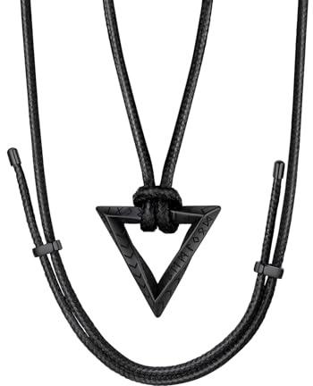 FaithHeart Collar Vikingo Hombre Runas Acero Inoxidable 316L Colgante Mobius Triángulo Cadena Negra PU Collar Hip Hop Amuleto