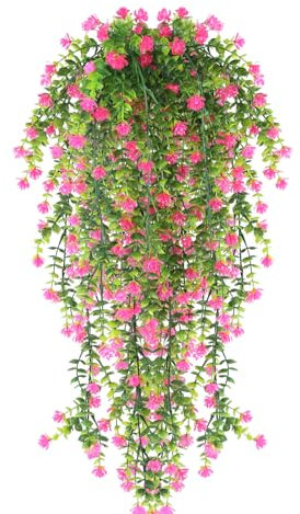 HBell 2Pcs Artificial Hanging Flowers,UV-Resistant Fake Hanging Plants Flower Bouquet Hanging Vine Plants Drooping Plants for Wall Home Garden Yard Patio Wedding Indoor Outdoor Decoration (Pink)