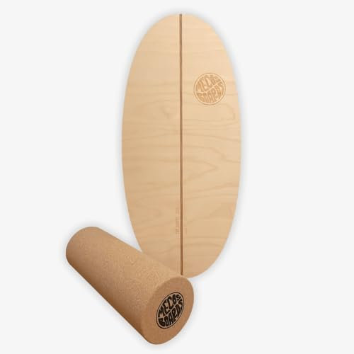 MECOS BOARDS - Balance Board The Shorty für die ganze Familie - Inkl. Korkrolle aus Recyceltem Kork & Boardbag mit Kordelzug- Handgefertigt in der Schweiz aus zertifiziertem Premium Birkenholz