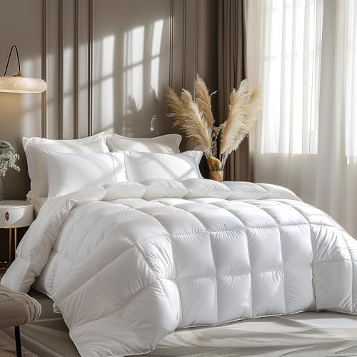 Luxurious Queen Size Goose Feather Down Fiber Comforter Duvet Insert,Fluffy Ultra-Soft 100% Cotton, Hotel Collection Comforter,56 oz Fill Weight, All Season Medium Warmth 90 x 90 Inch White Solid