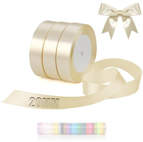 TXXATX 66 m Ruban en Satin 3 Rouleaux Ruban Beige Largeur 20 mm Rubans pour Couture pour Mariage Baptême Anniversaire Emballage Cadeau Décoration de Table de Noël Bouquet Décoration de Gâteaux Ballons