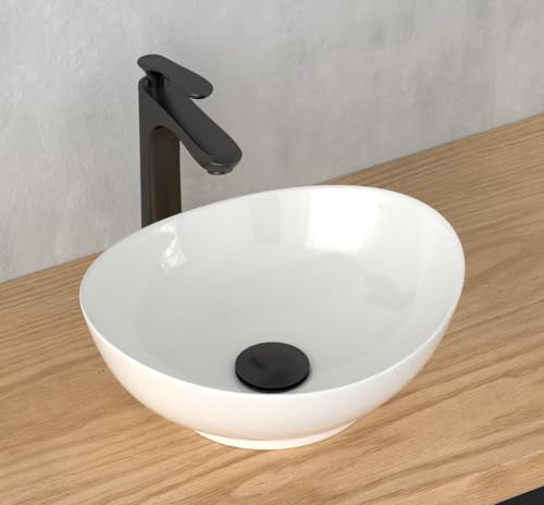 CASAMO Aufsatzwaschbecken Oval mit Lotus- Effekt, Waschbecken ohne Hahnloch, kleines Handwaschbecken für Gäste-WC & Bad, elegantes Mini-Waschbecken (Weiß-01, 40 x 34 x 14,5 cm)