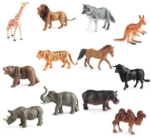 WJWINER 12 stycken safari-djurfigurer, realistiska vilda djurparksdjur, djungel zoo djurfigurer, djurfigurset, skogsdjur figurer för tårtor, för födelsedagsfest dekorationer
