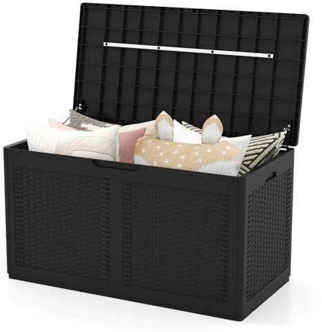 COSTWAY Coffre de Rangement Extérieure en Résine 380 L, Boîte de Rangement Étanche à Texture Rotin avec Roues Couvercle Verrouillable, pour des Outils Jouet Accessoires 111 x 56 x 61 cm (Noir)