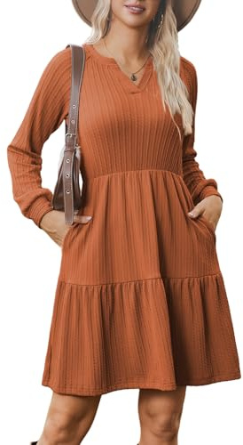 Zeagoo Dress for Women Ladies Textured Fabric Long Sleeve Dress V Neck Casual Tunic Skater Swing Dress with Pockets Elegant Flowy Dresses for Autumn Winter Brown XXL