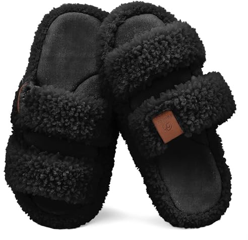Youecci Girls Fuzzy Slippers-Soft Open Toe Slippers with Memory Foam & Arch Support, Dual-Strap Warm Comfy Home Slides Indoor House Shoes(Black,4 Big Kid)