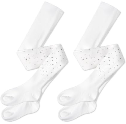 LOLANTA 2 par flickors bomullsglänsande rhinestone-strumpbyxor, termiska stickade strumpbyxor enfärgade för skola, ceremoni, Vitt, 9-10 Years