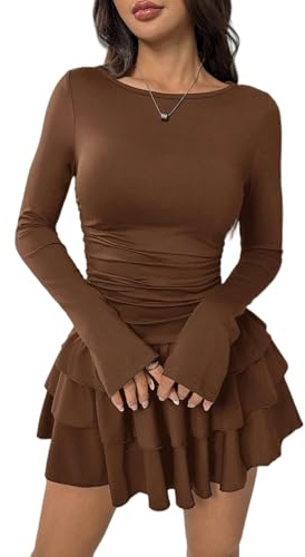 Belriviere Women Long Sleeve Mini Dress A-Line Ruched Cute Outfit Ruffle Tiered Hem Casual Short Dress for Party Night Out