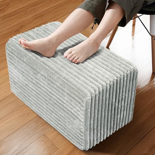 Setguopal Rectangular Stuffed Pouf Ottoman with Foam Chunk Filling, Coral Fleece and Furry Fabric Design, Multi-Functional Floor Pouf for Living Room,Wide Stripe, Dark Gary