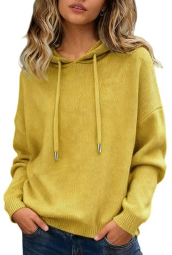 Långärmade tröjor för kvinnor huvtröja mysig lätt pullover, mjuk stickad huvtröja kashmirtröjor höst vinter toppar, gUL, 3XL