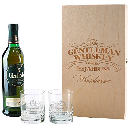 Herz & Heim® Glenfiddich Whisky Geschenkset mit Gratis Gravur 2er Whiskey Gläser in gravierter Holzkiste Gentleman