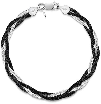 Amberta Bracciale da Donna in Argento Sterling 925 Maglia Spina di Pesce 5 mm Lunghezza 19 cm - Argento e Rodio Nero