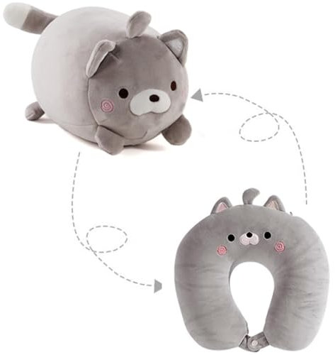 Kraeoke Nackenhörnchen 2 in 1 U-Form Nackenkissen Kopfkissen Nackenstützkissen Nackenstützen, Nackenhörnchen Verformung zur Plüsch Tier für Camping, Wandern, Auto, Flugzeug